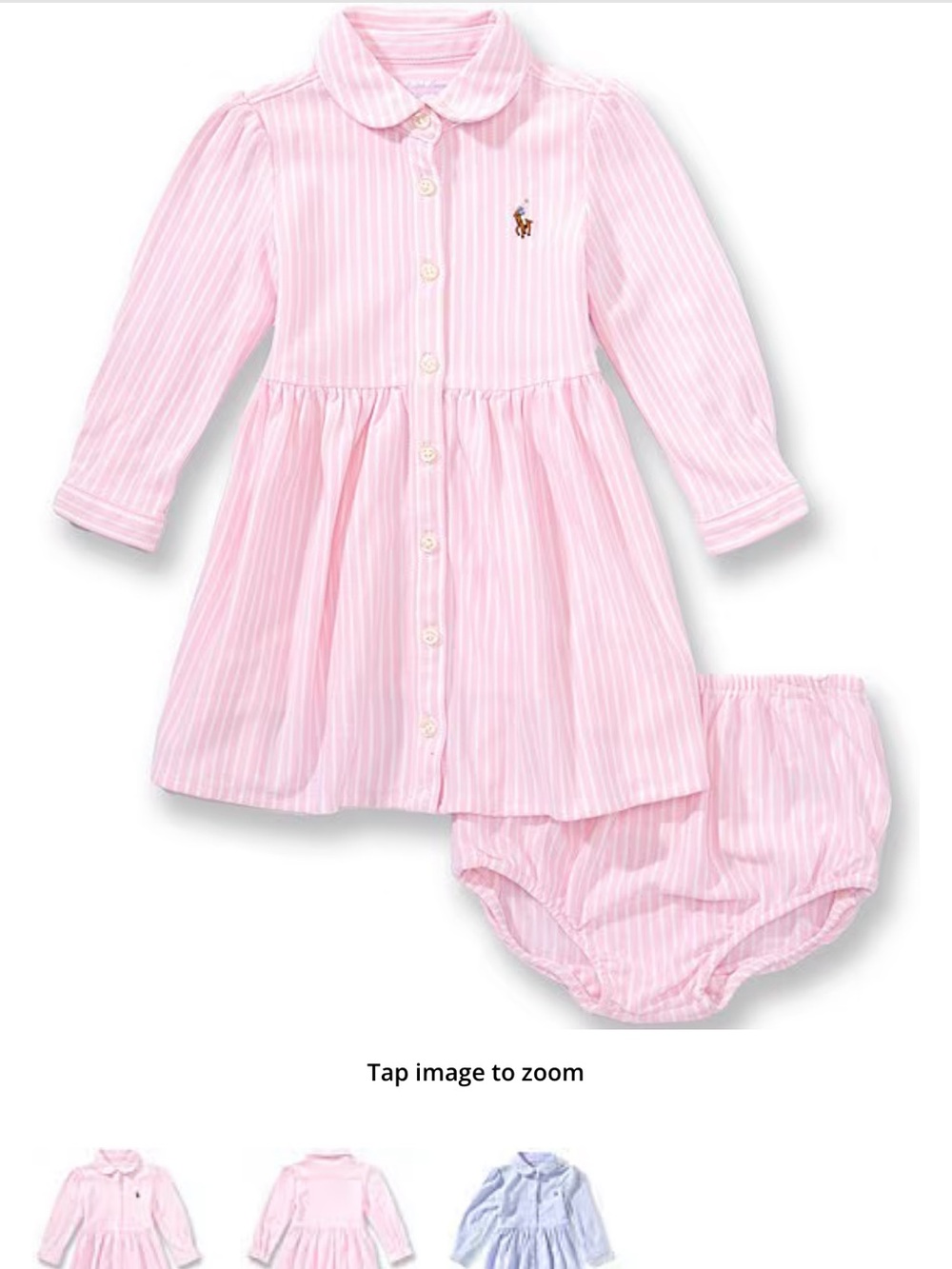 Ralph Lauren Light Pink Striped Button-Front Baby Dress with Bloomer
